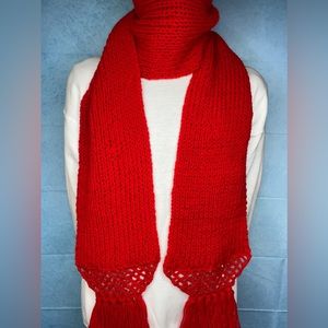 UNISEX Red Crochet Knitted Scarf with Fringe; Multiple Sizes